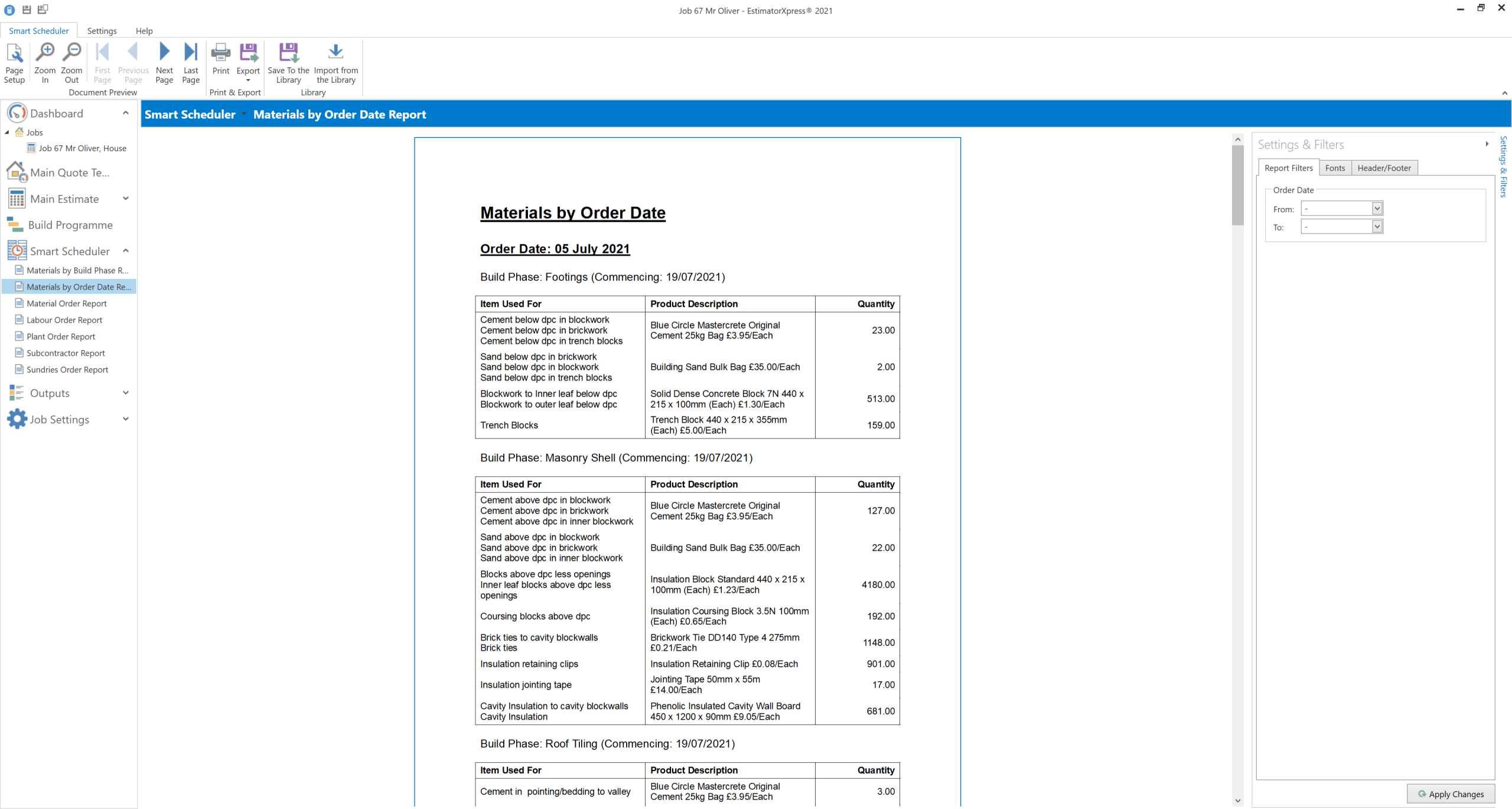 Materials by order date EstimatorXpress